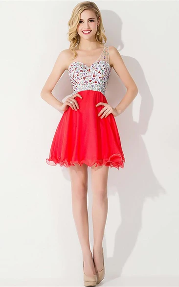 short red chiffon one shoulder dress