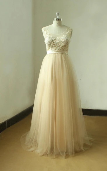 A-Line Tulle Lace Satin Weddig Dress
