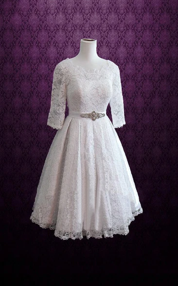 Tea Length Scoop Neck And 3 4 Length Sleeve Dress With Beading And Pleats