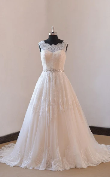 Ivory a Line Champange Blush Lining Lace Wedding Dress With Illusion Neckline