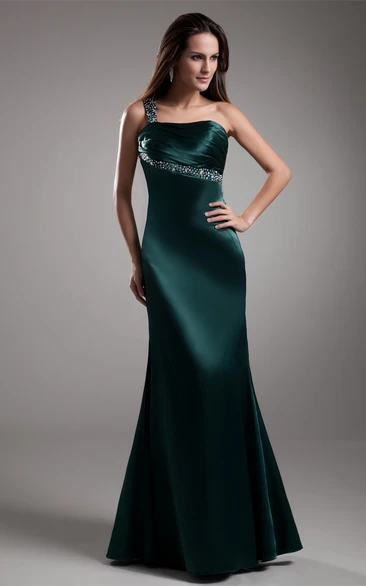One-Shoulder Satin Mermaid Gown with Rhinestone and Keyhole Back