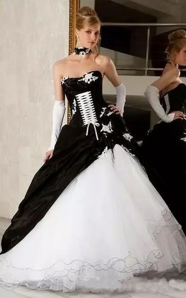 A-Line Sweetheart Organza Taffeta Floor-length Sleeveless Wedding Dress with Zipper and Corset Back