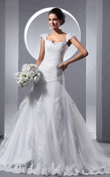 Criss-Cross A-Line Anne Ruching Queen Anne Dress With Soft Tulle