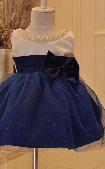Tulle&Satin Dress With Beadings and Bow