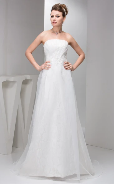 Strapless Chiffon Tulle A-Line Gown with Lace