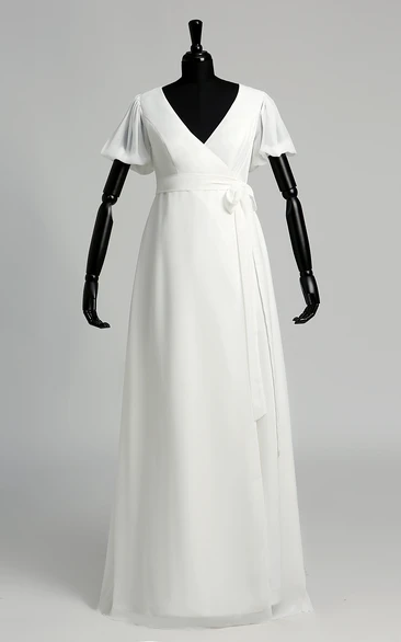 Puf Style Sleeve V-neck Long Chiffon Wedding Dress