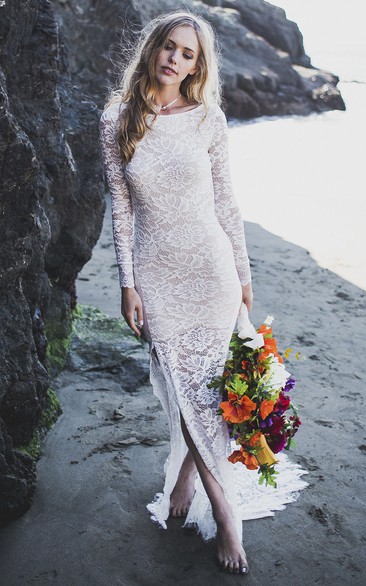Lace Sheath Fitted Long Sleeve Wedding Dress With Front Split