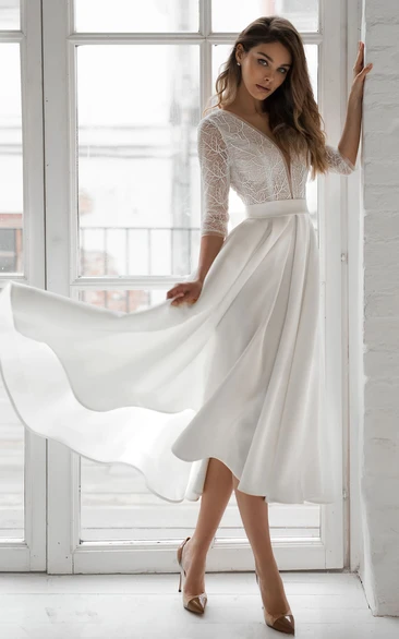 Romantic Satin V-neck A Line Tea-length Wedding Dress with Ruching and Sash