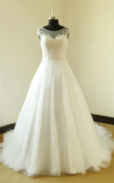 A-Line Tulle Lace Satin Weddig Dress With Beading