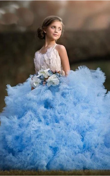 Tulle Spaghetti Sash Bow Flower Girl Dress with Applique and Flowers
