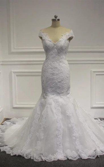 V-Neck Cap Sleeve Lace Mermaid Wedding Dress With Court Train