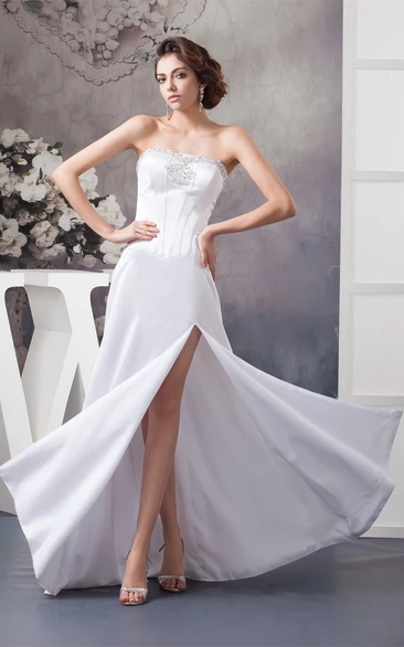 Strapless Front-Split Floor-Length Dress with Jeweled Top