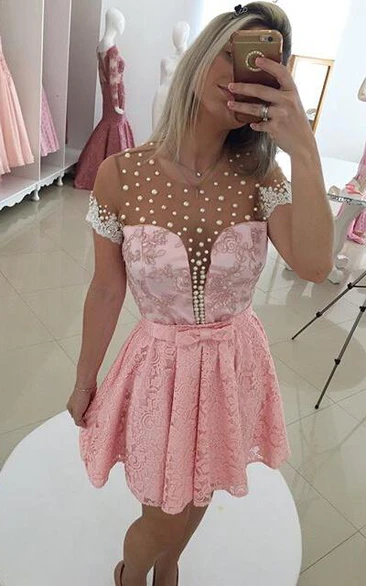 Sexy Short Sleeve Pink Cocktail Dress Lace Pearls
