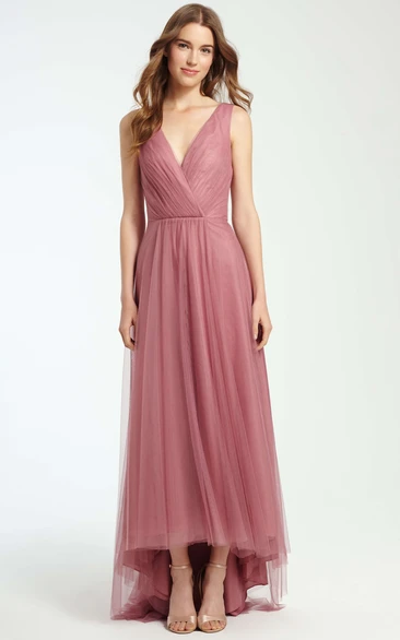 High-Low Ruched V-Neck Sleeveless Tulle Bridesmaid Dress
