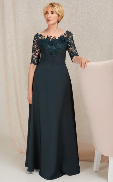 Simple A Line Half Sleeve Satin Bateau Floor-length Mother of the Bride Dress with Appliques