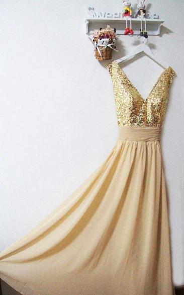 Gold Sequin V-neck A-line Chiffon Dress 