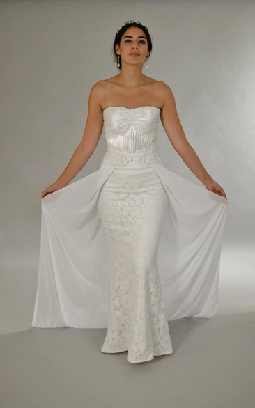 Strapless Long Sheath Lace Wedding Dress With Detachable Chiffon Skirt