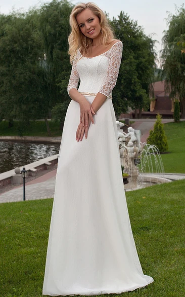 Off-Shoulder Long A-Line Satin Wedding Dress With Lace Sleeves