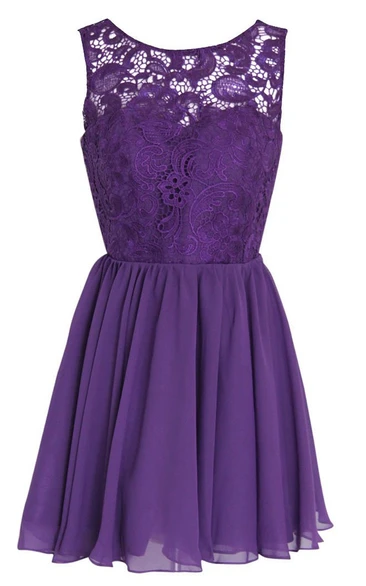 Scoop A-line Short Dress With Lace Bodice and Appliques