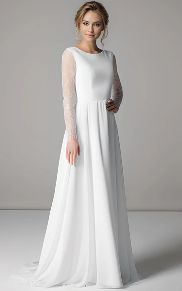 Modern Simple A-Line Lace Long Sleeves Wedding Dress Minimalist Rustic Jewel Neckline Pearl Botton Back Bridal Gown