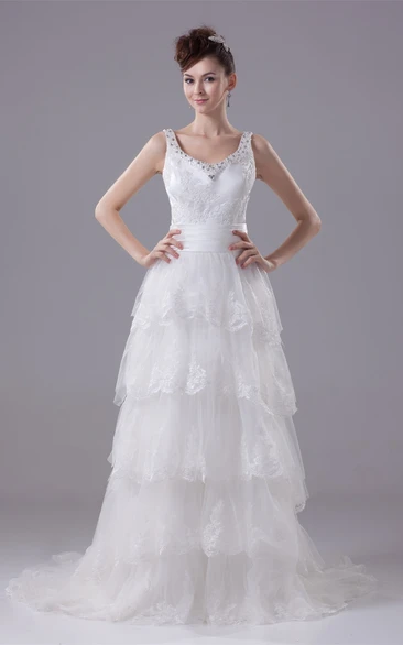 Strapped A-Line Tiered Dress with Lace and Rhinestone