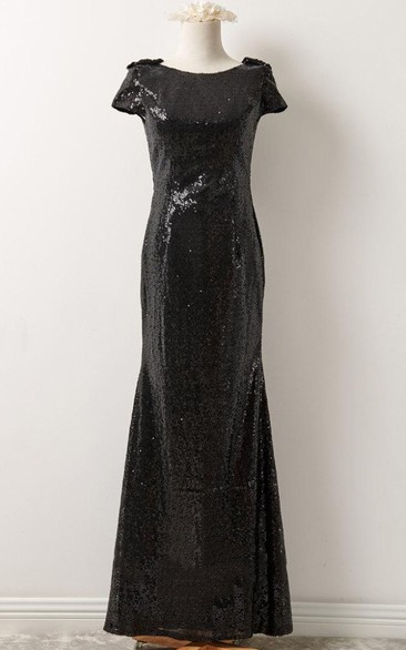 Black Sequin Prom Bridesmaid Short Sleeve Black Sequin Long Formal Elegant Evening Petit Bonheur Dress