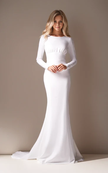 Modest Keyhole Back Style Long Sleeve Jewel Neckline Split Front Garden Wedding Dress