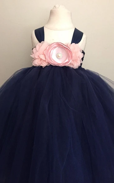 strapped Pleated Tulle Ball Gown With Beading&Flower