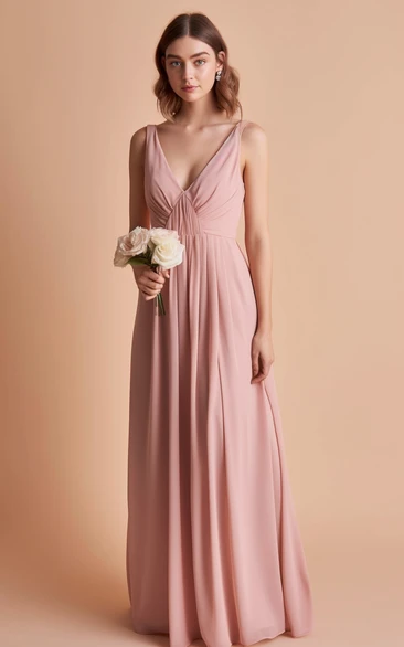 2023 A-Line Chiffon Sleeveless Bridesmaid Dress V-neck Floor-length Simple Casual Sexy Bohemian Ethereal