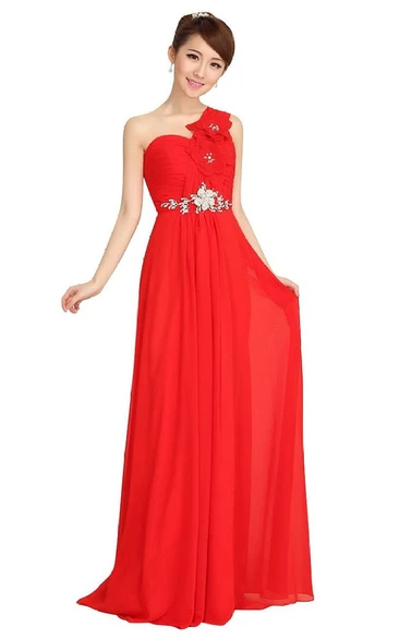 One-shoulder Long Chiffon Dress With Crystal and Flowers