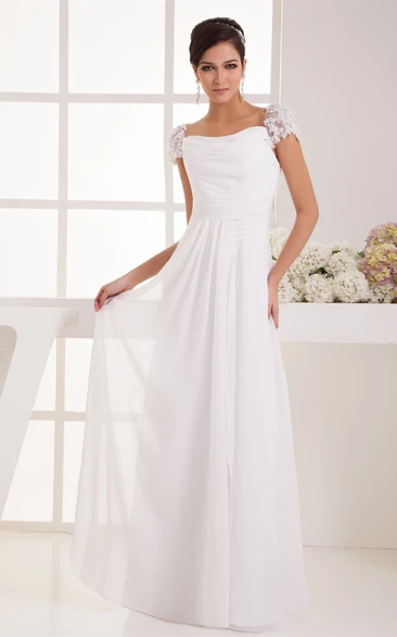 Caped-Sleeve Chiffon Maxi Dress with Ruching and Pleats