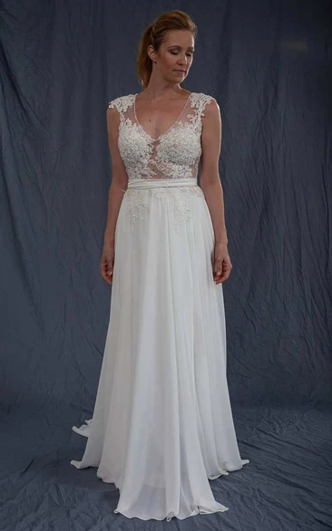 Plunged Cap-Sleeve Sleeveless Chiffon Wedding Dress With Keyhole And Appliques