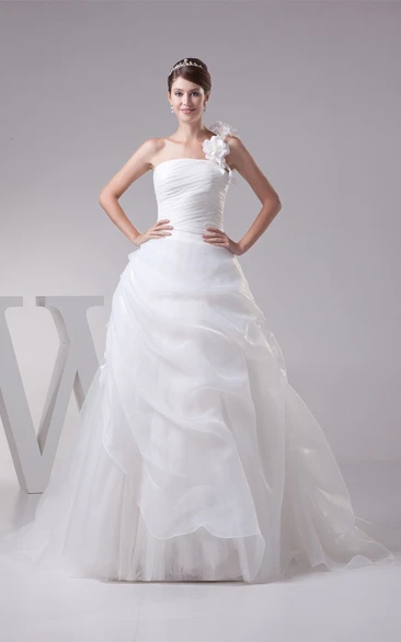 One-Shoulder Pick-Up A-Line Gown with Flower and Ruching