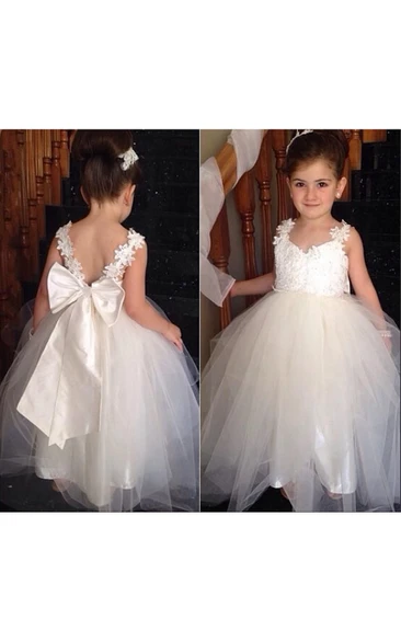 Delicate Tulle Lace Appliques Flower Girl Dress With Bowknot