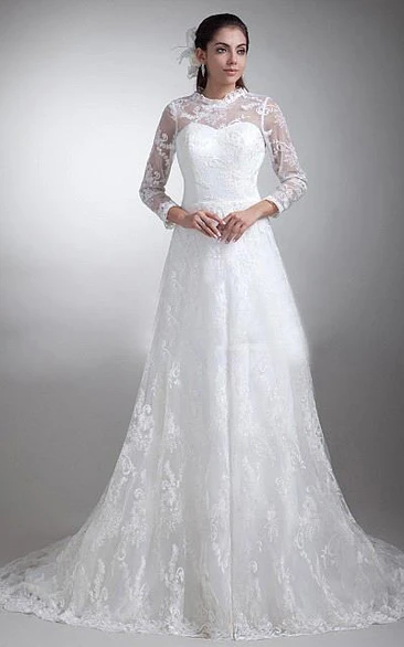 Elegant Tulle Lace Illusion Wedding Dress Sweep Train
