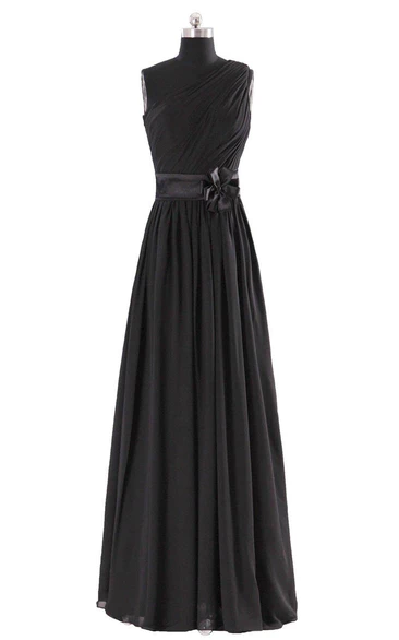 One-shoulder A-line Pleated Chiffon Gown With Belt