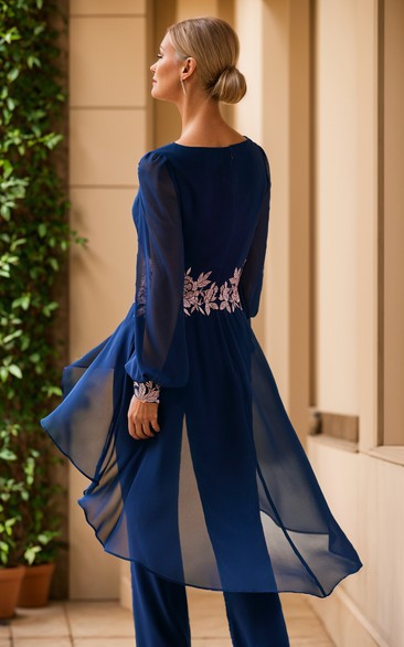 Two Piece Modern V-neck Chiffon Elegant Long Sleeve Lace