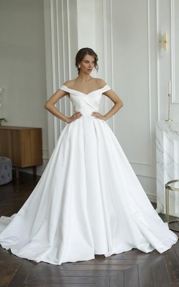 Criss Cross Off-the-shoulder Illusion Satin Wedding Dress With Illusion Keyhole Back And Buttons
