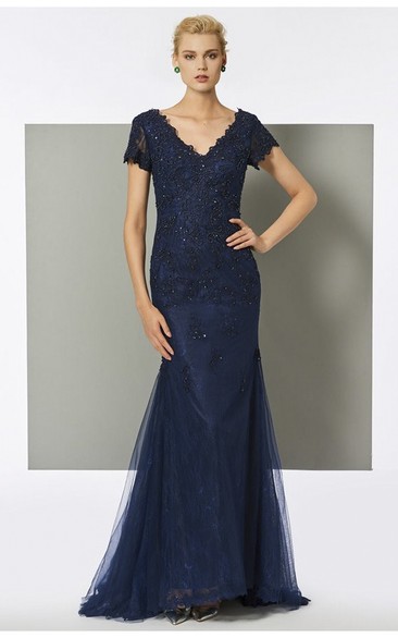 Short Sleeve Mermaid V-neck Tulle Gown With Beading And Sweep Train