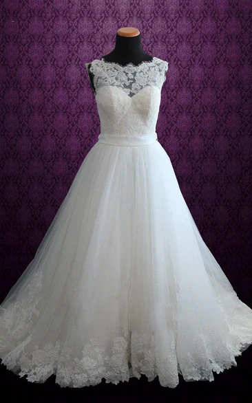 Ball Gown Tulle Lace Satin Weddig Dress With Illusion