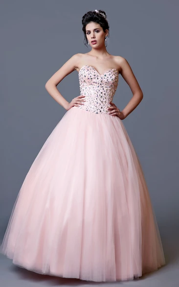 Elegant Strapless Sweetheart Embellished Satin and Tulle Gown