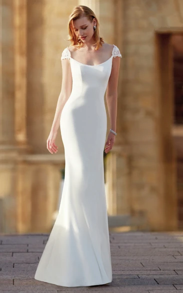 Casual Sheath Bateau Satin Wedding Dress With Open Back And Cap Sleeves