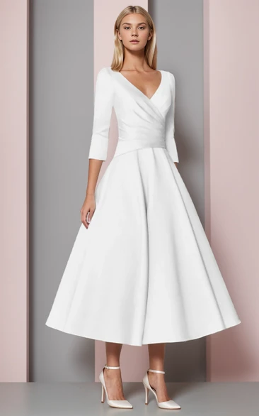 V-Neck Elegant Long Sleeve Modest Solid Plunching Waisted Satin Gown