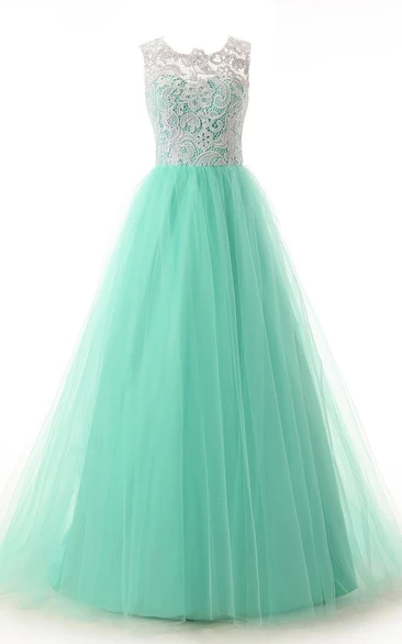 Scoop Necline Lace Bodice Dress With Tulle Skirt