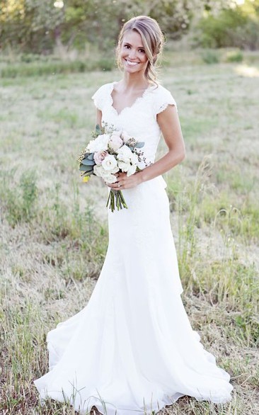 Cap Sleeve V-neck Sheath Chiffon Wedding Dress With Lace Bodice and Sash