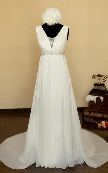 V-Neck Lace-Up Back Chiffon Wedding Dress With Sash And Crystal Detailing
