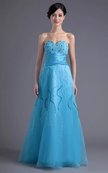 sweetheart floor-length a-line dress with ruched waist and beading