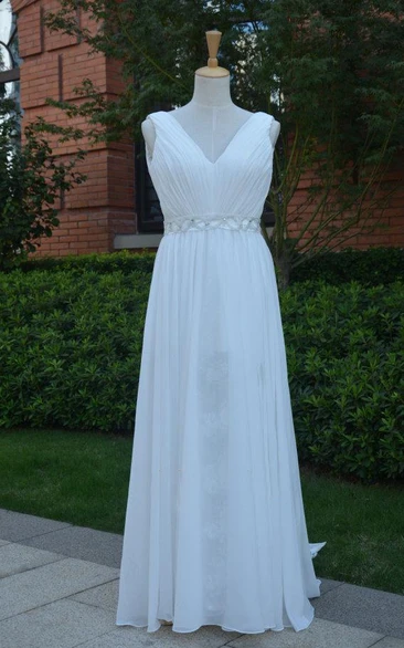 V-Neck Sleeveless Empire Chiffon Wedding Dress With Sash And Split Front