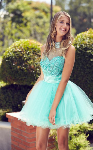 A-Line Mini High Neck Sleeveless Tulle Illusion Dress With Beading And Ruffles