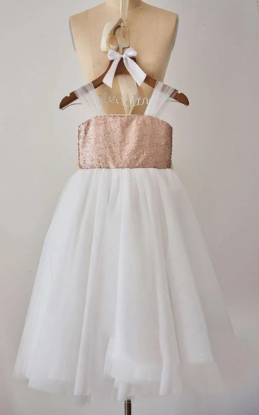 Strapped Tulle Dress With Sequins&Flower